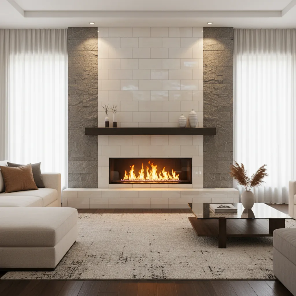 Fireplace with stone and tile surround reflecting heat into room