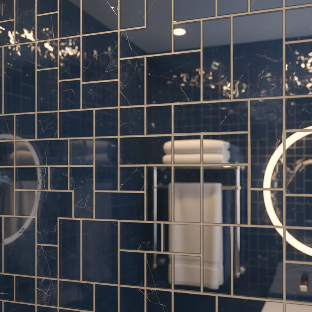 close view of reflective glass mosaic tiles reflecting bathroom lighting