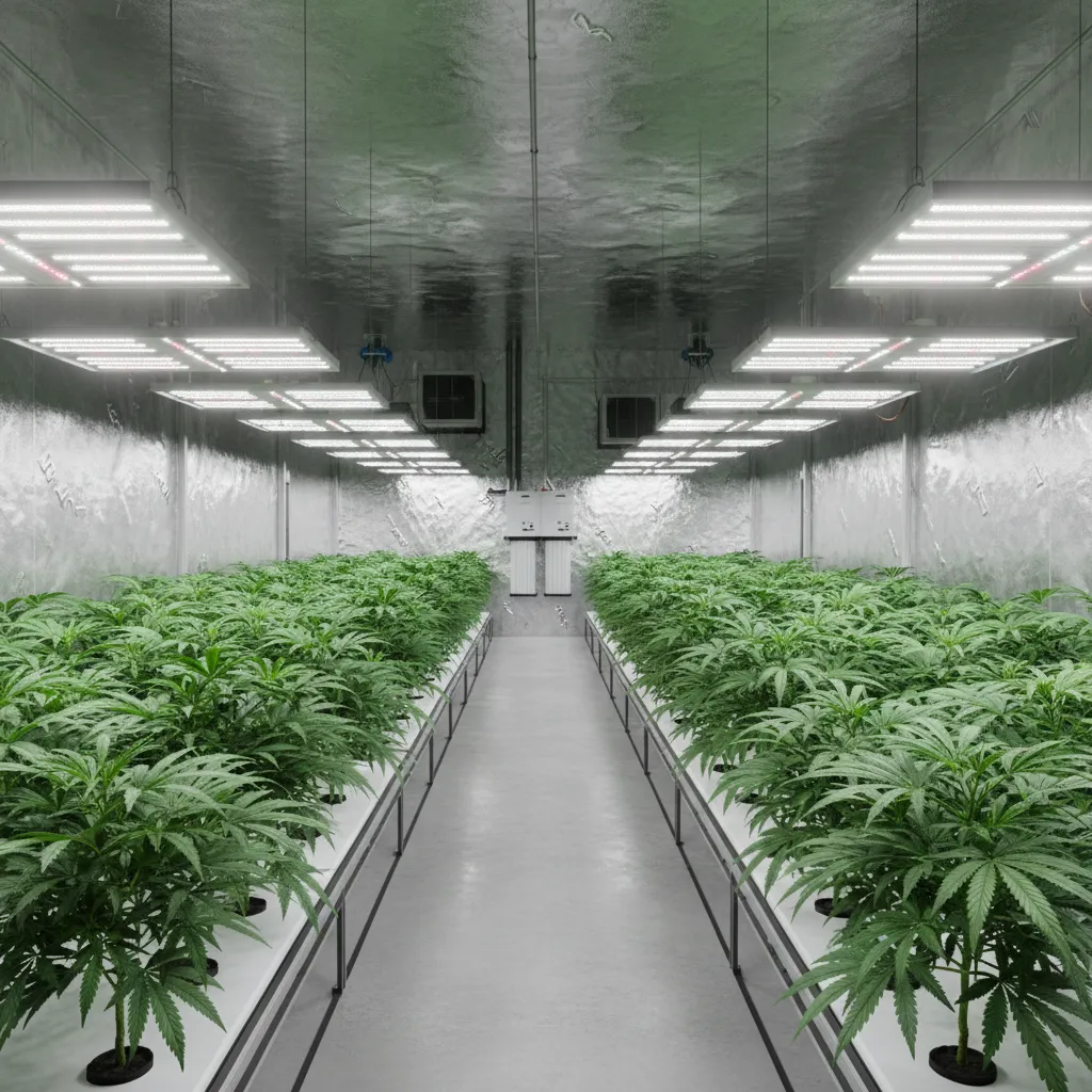 indoor grow room with reflective walls improving light distribution to plants