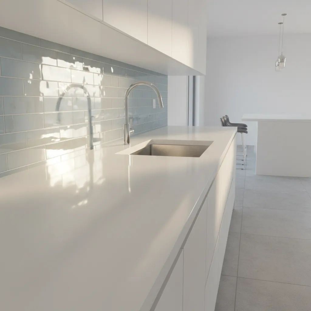kitchen backsplash and quartz countertop reflecting natural sunlight