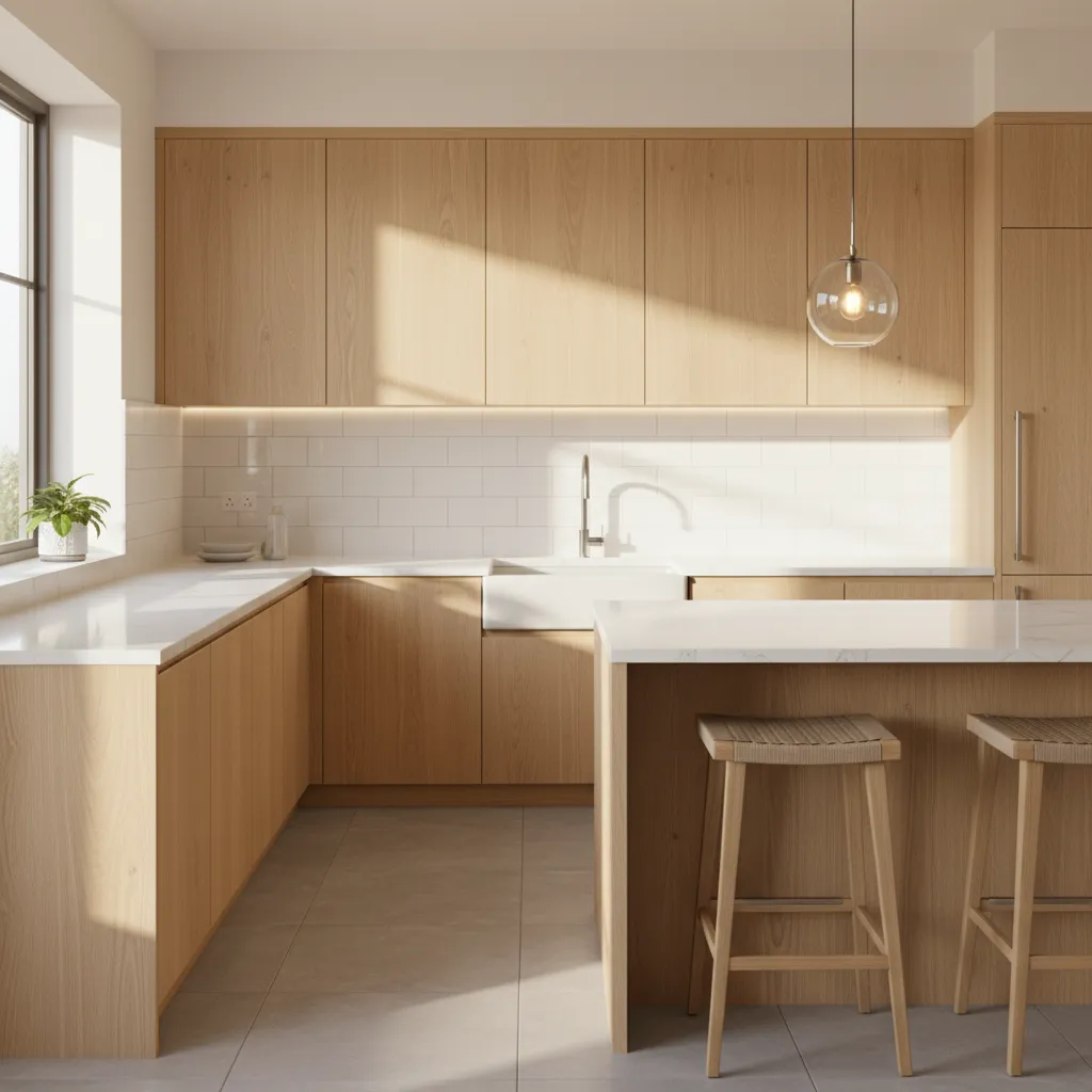 Kitchen with glossy backsplash and light cabinets reflecting natural sunlight