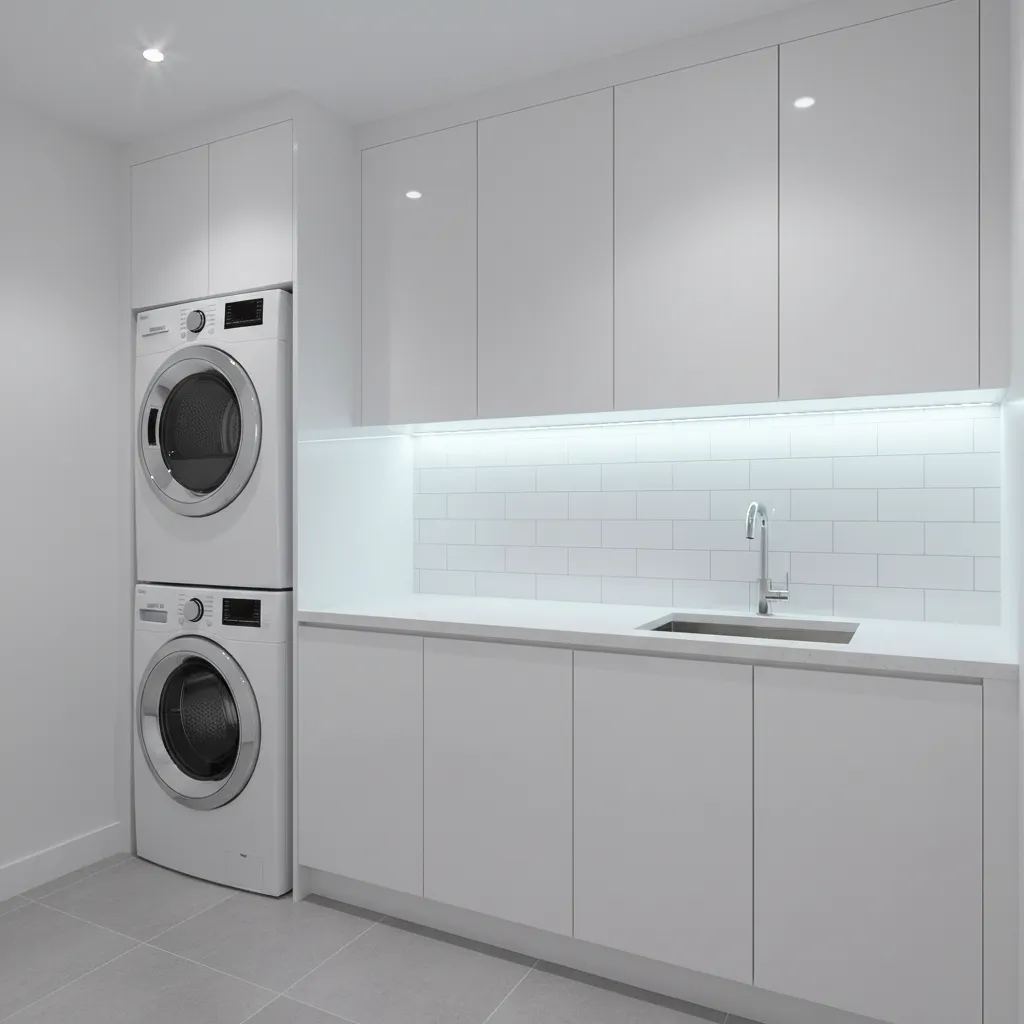 small laundry room with glossy backsplash and reflective surfaces enhancing light