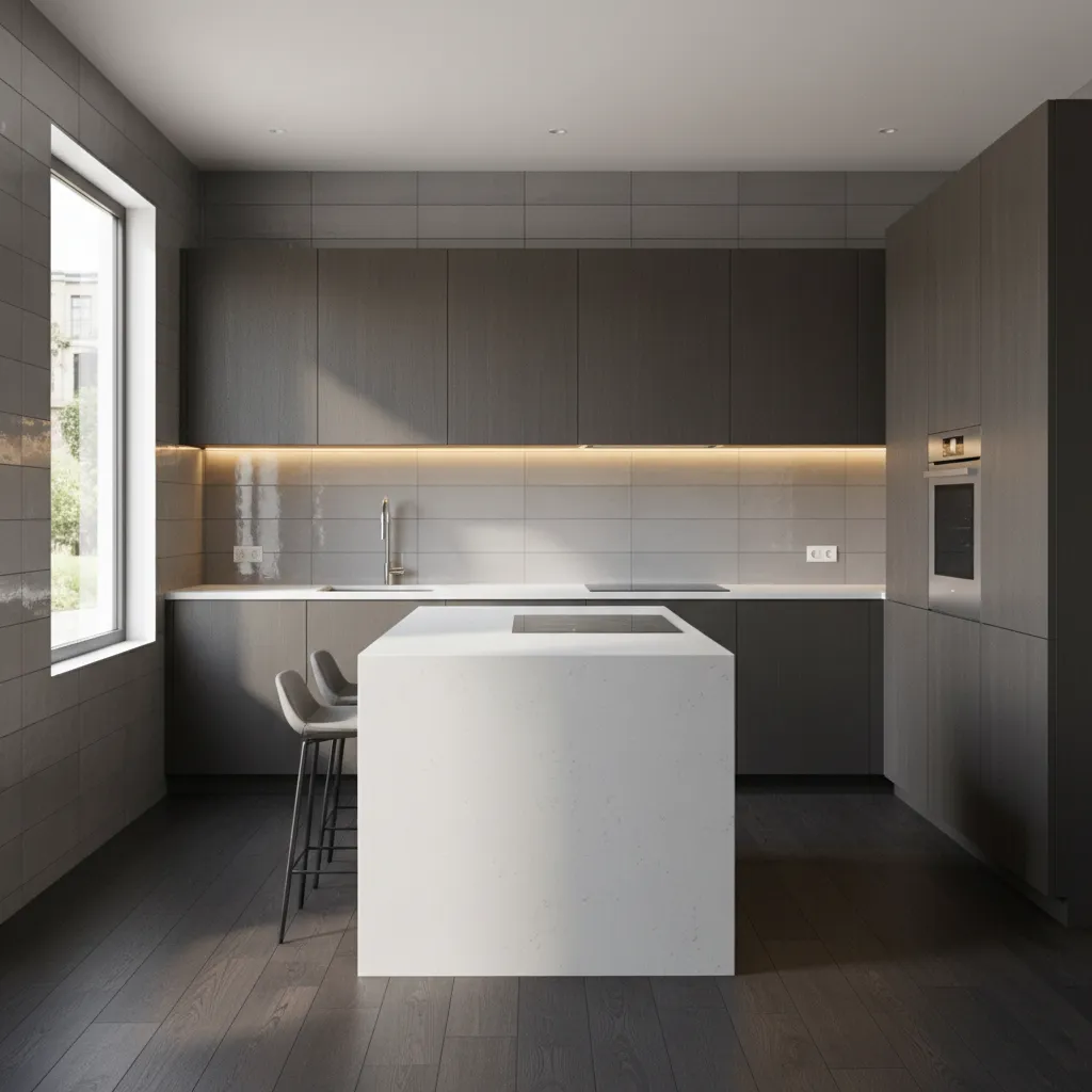 modern kitchen with glossy backsplash and quartz counters reflecting light above dark flooring