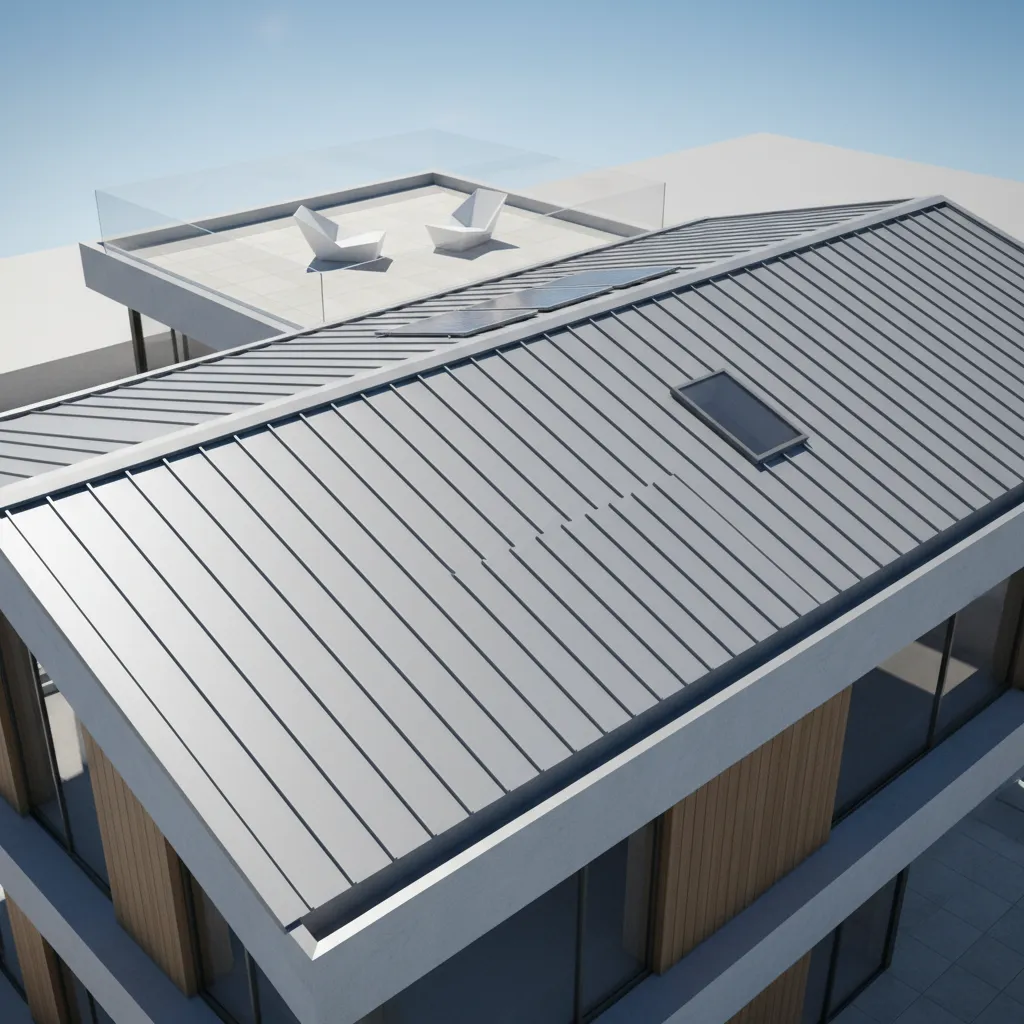 Light colored reflective coating applied to a modern metal roof