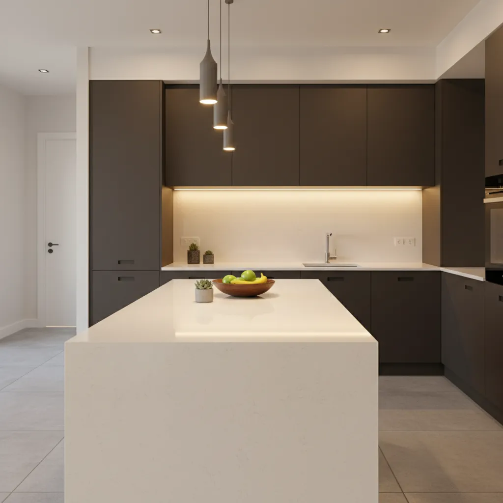 Polished quartz countertop reflecting kitchen lighting in brown cabinet kitchen