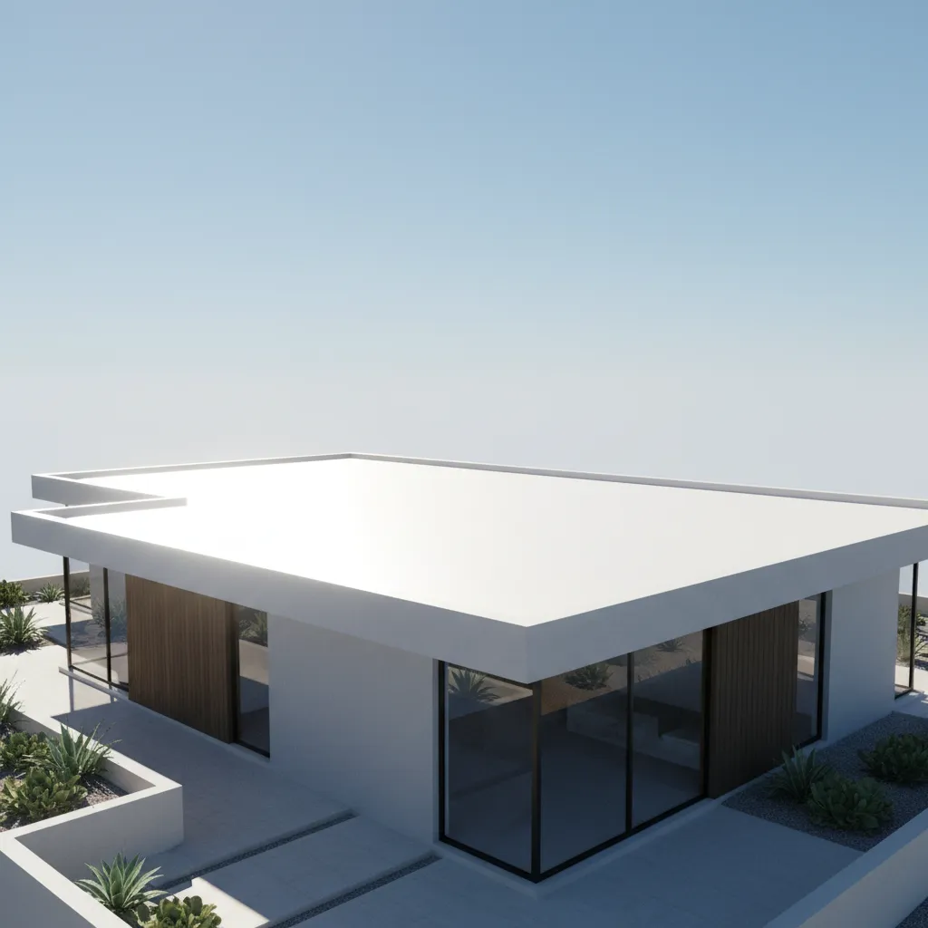 Modern house with bright white reflective roof coating under strong sun