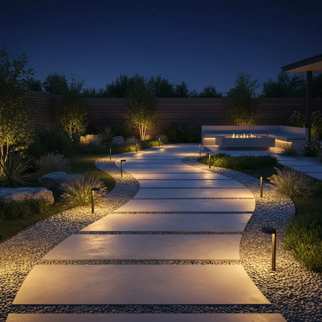Solar lights illuminating a light stone pathway that reflects brightness