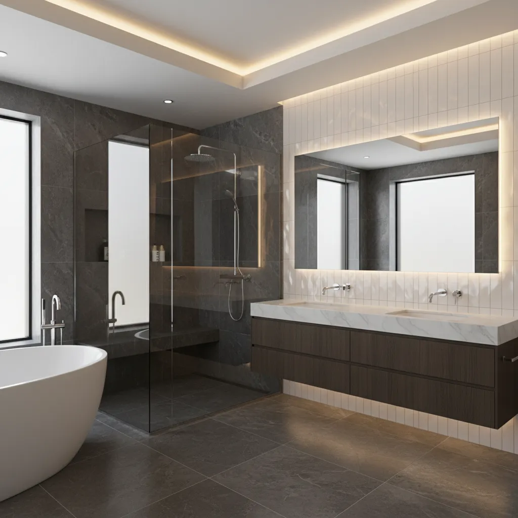 Bathroom using mirrors and reflective tiles to balance lighting with dark flooring