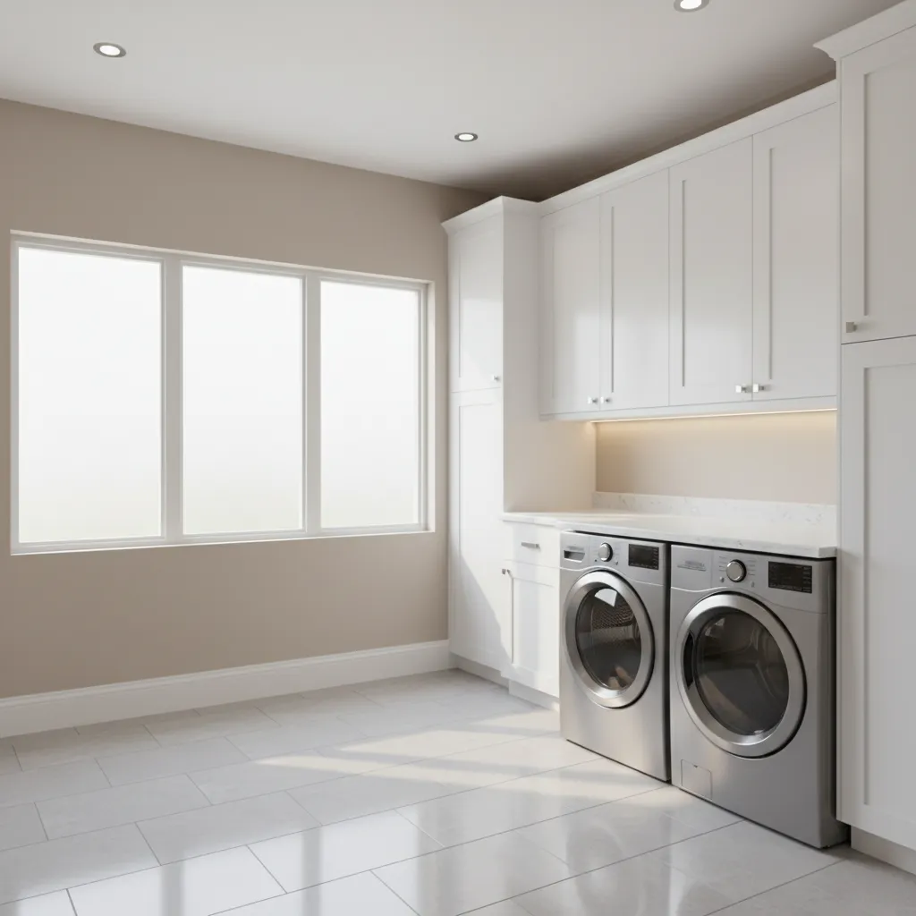 Laundry room with glossy countertop and light cabinets reflecting overhead light