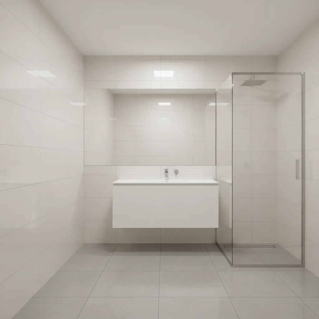 Bright small bathroom using reflective tiles and mirror to amplify lighting