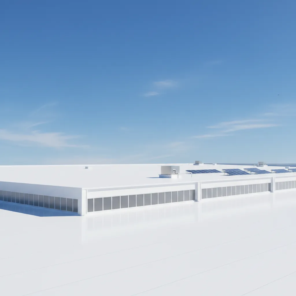 Bright reflective white roof coating on a large factory building under sunlight