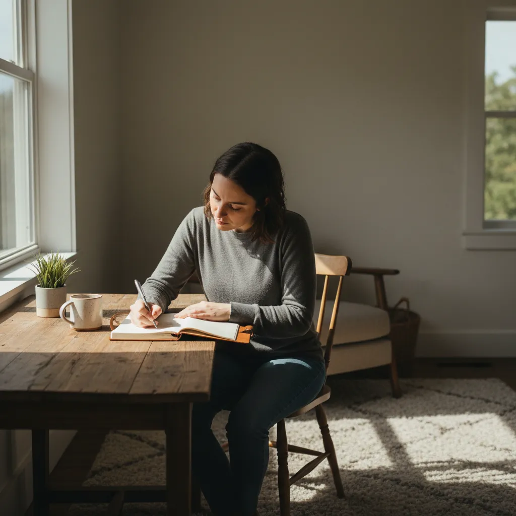 Persona escribiendo en un diario durante un proceso de reflexión emocional