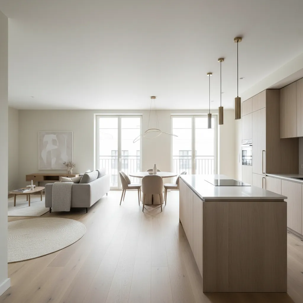 Minimalist open plan apartment featuring a wood kitchen island beige sofa and round dining table