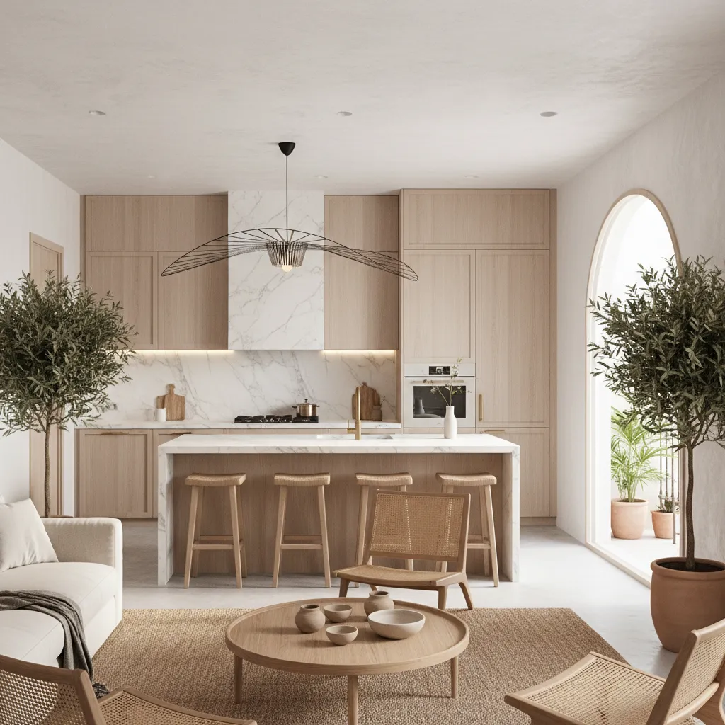 Modern kitchen with wood cabinets, white island, bar stools, black ceiling light, and arched balcony door