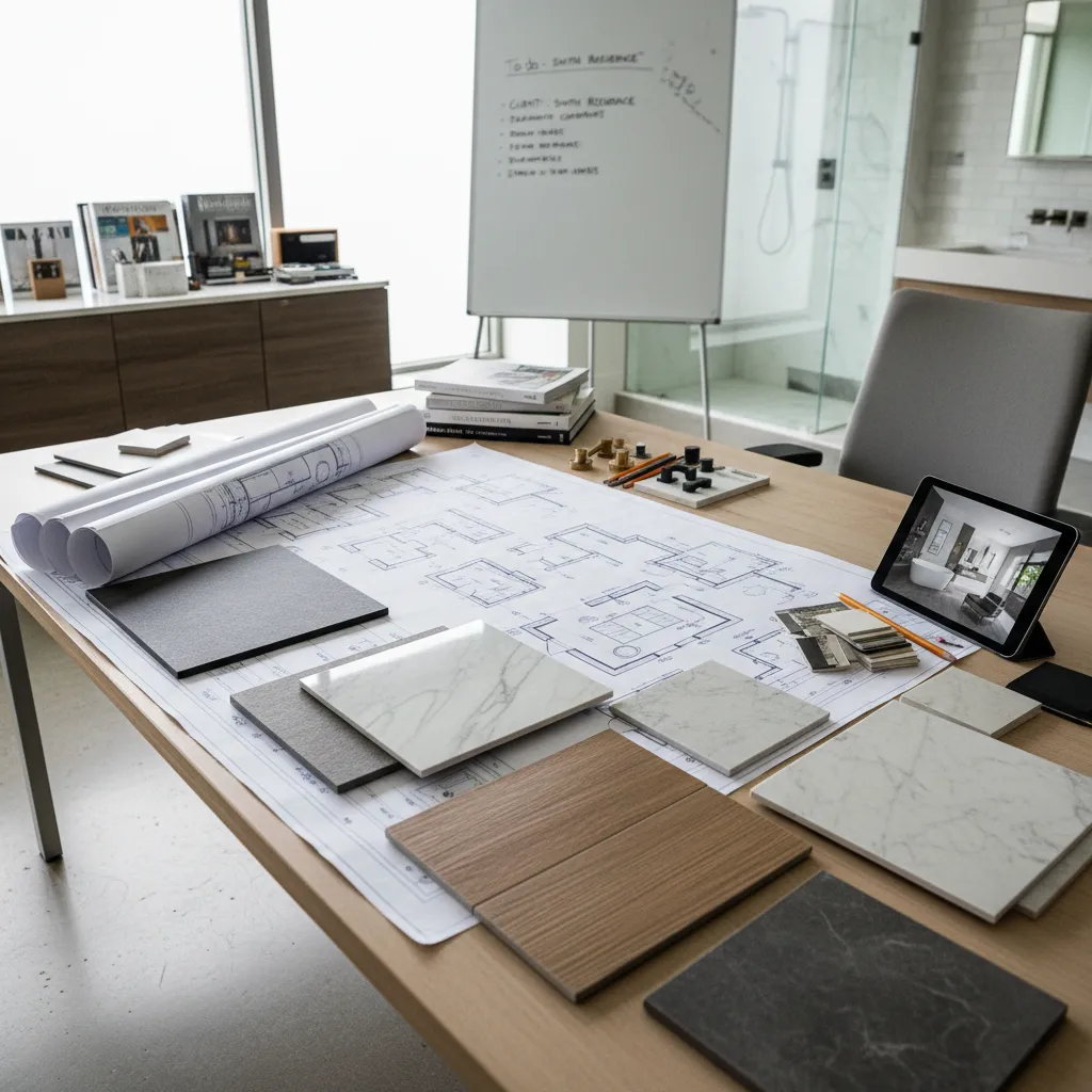 Wooden desk showing house floor plan blueprints with material samples and tablet in design studio