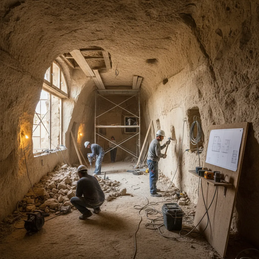 Proceso de reforma en una casa cueva con paredes de roca