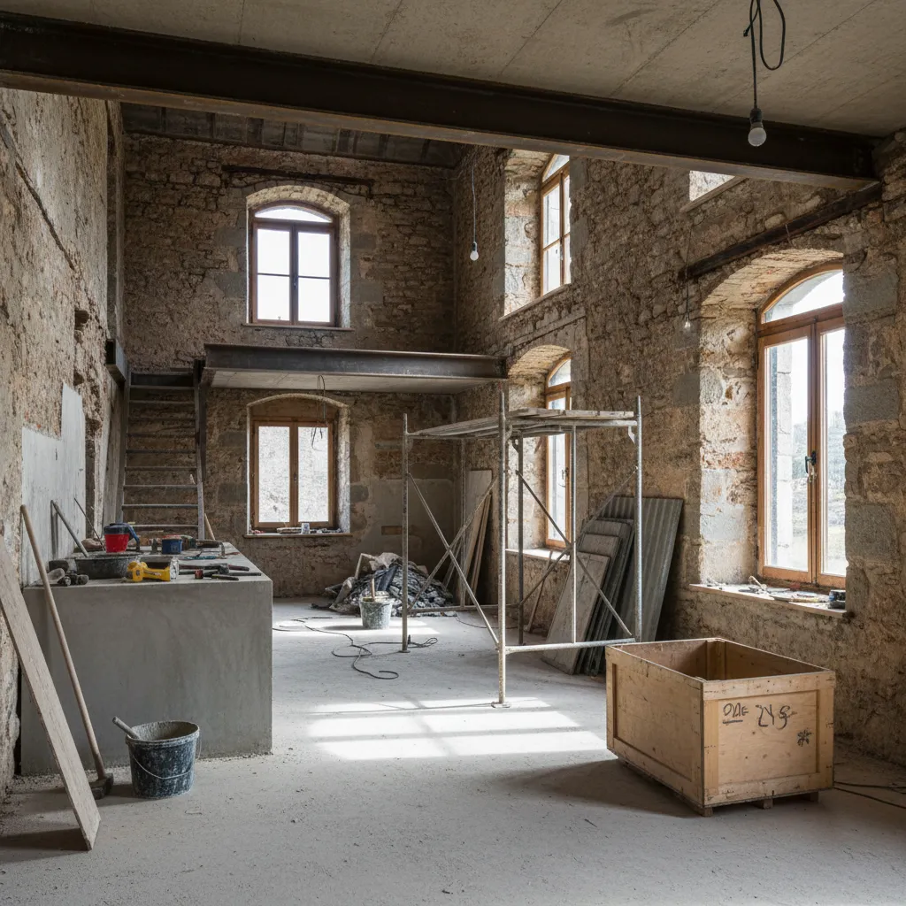 Proceso de reforma de una casa de pueblo transformándose en interior industrial moderno