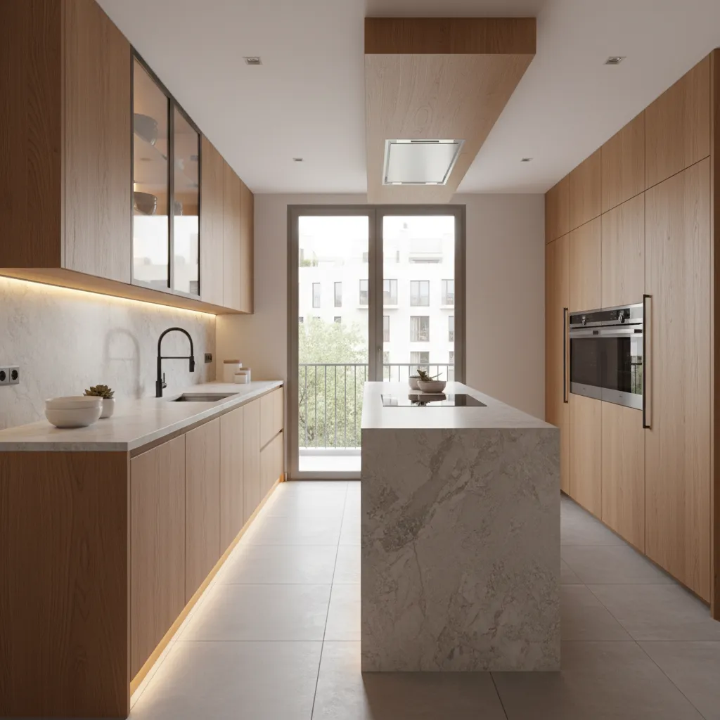 Modern kitchen design with wooden cabinets stone island built in oven and glass door view