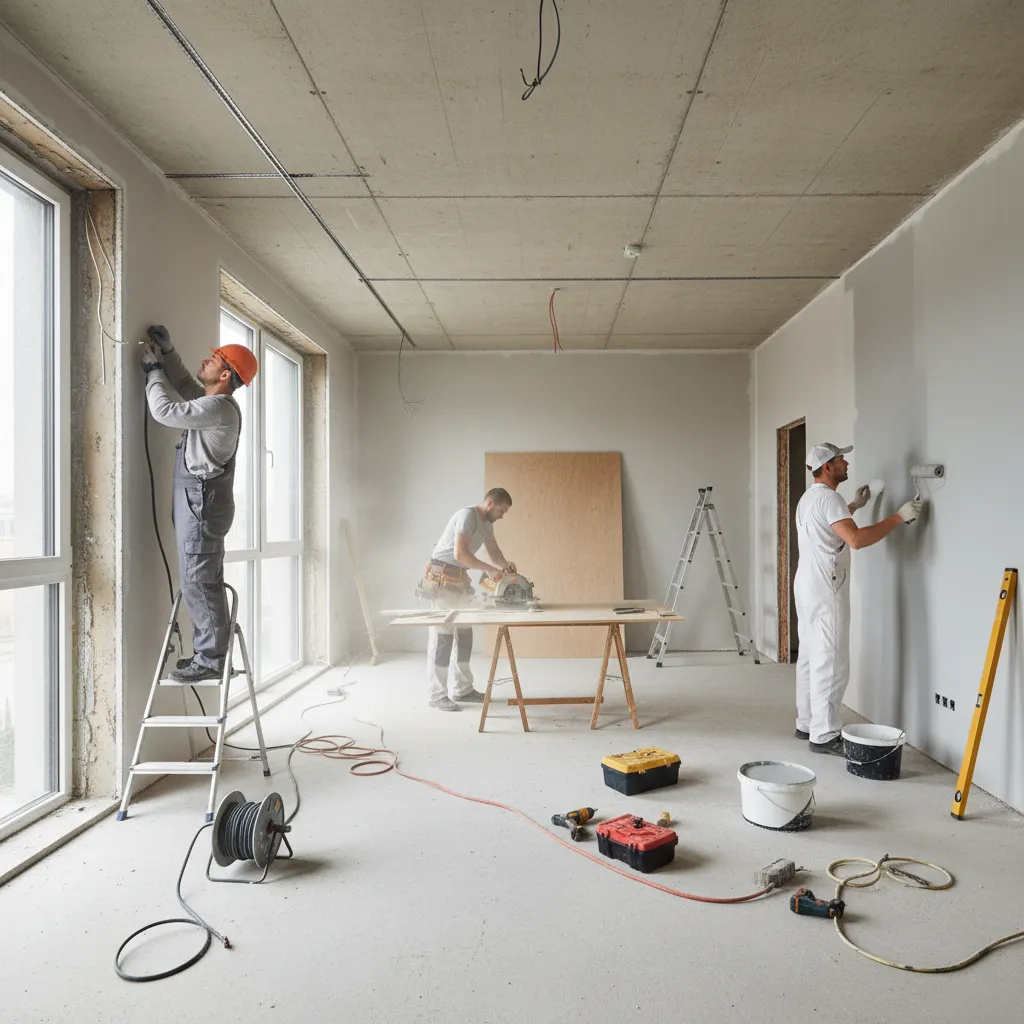 Profesionales de obra trabajando en una reforma de vivienda