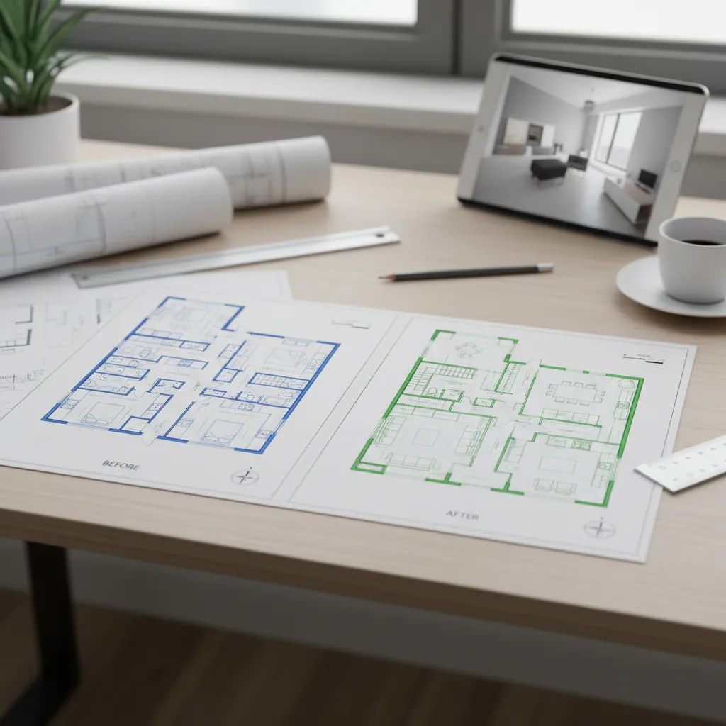 Before and after comparison of two different colored house floor plan layouts on a desk
