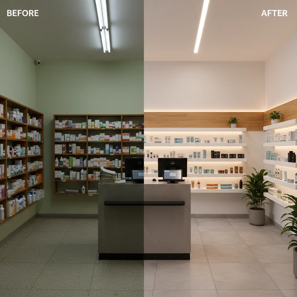 Before and after comparison of old pharmacy shelves versus new white displays with bright lights