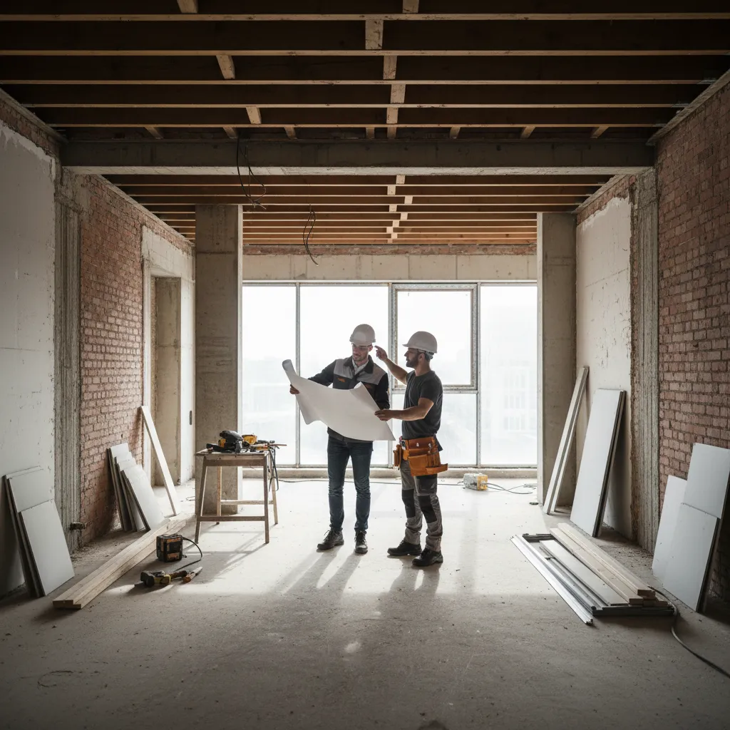 Two construction workers wearing hard hats discussing a floor plan inside a house under renovation