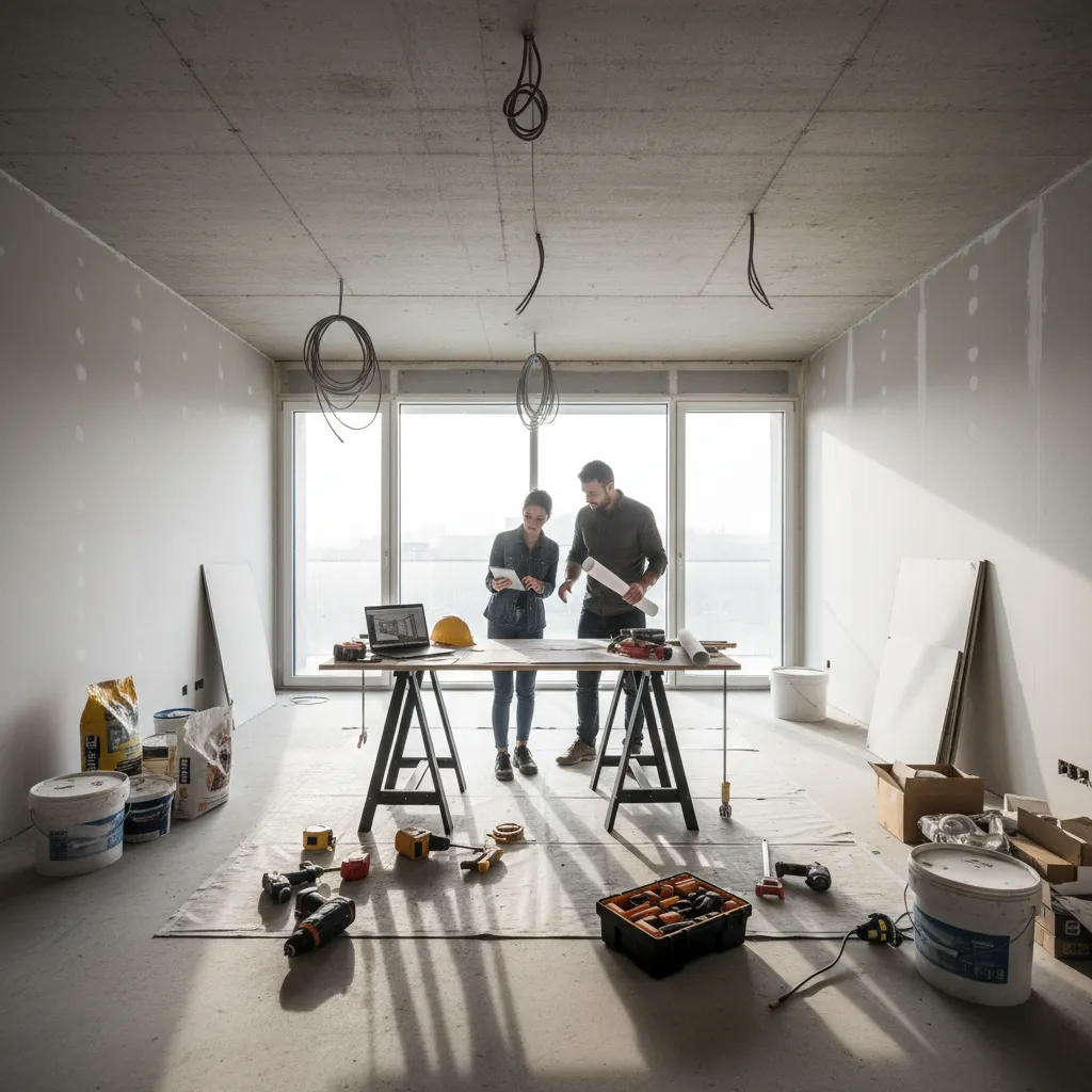 Two people reviewing floor plans inside a room under renovation with tools on the floor