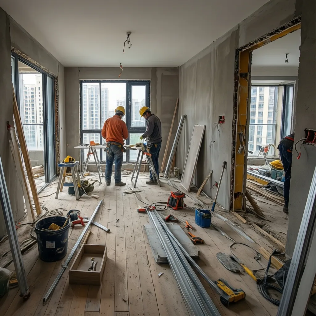 Espacio interior de vivienda en plena reforma con materiales y herramientas