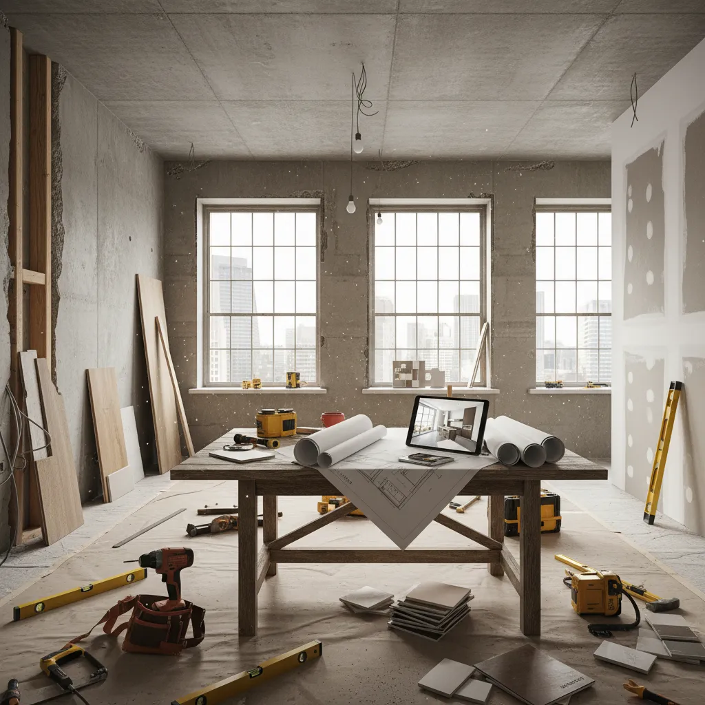 Espacio interior durante una reforma con planos de diseño sobre la mesa