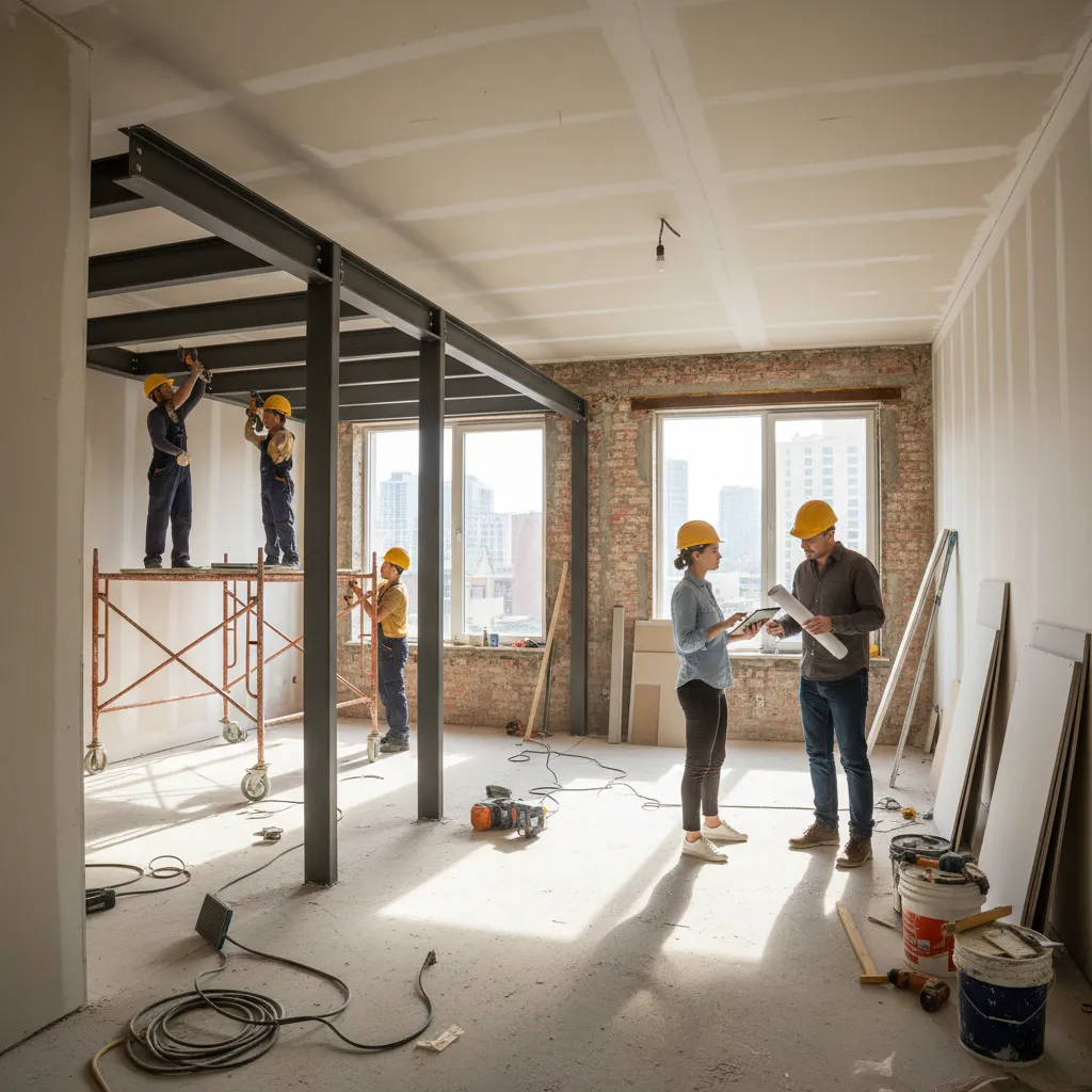 Reforma interior de vivienda en proceso con planos y herramientas