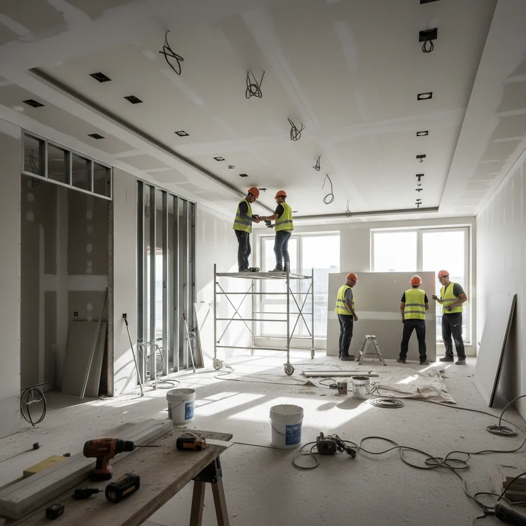 Reforma de vivienda en proceso con instaladores trabajando en el interior