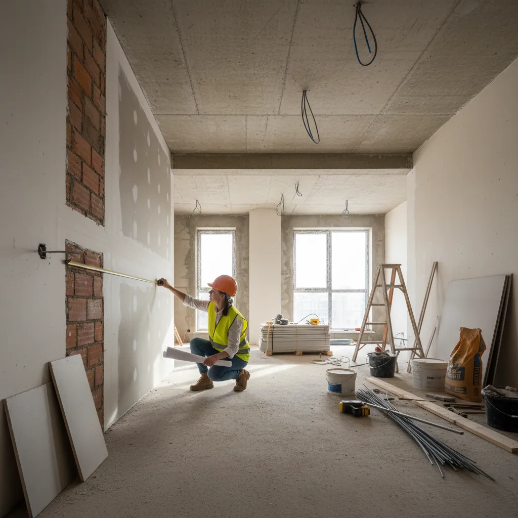 Reforma de interior con diseñadora revisando medidas en obra