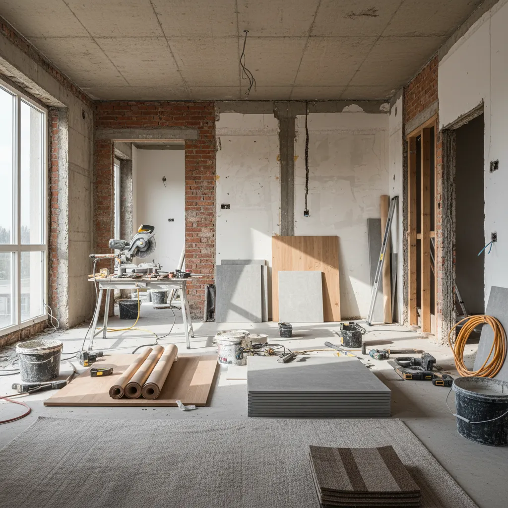 Unfinished room during renovation with exposed brick walls and tools for installing tiles and flooring