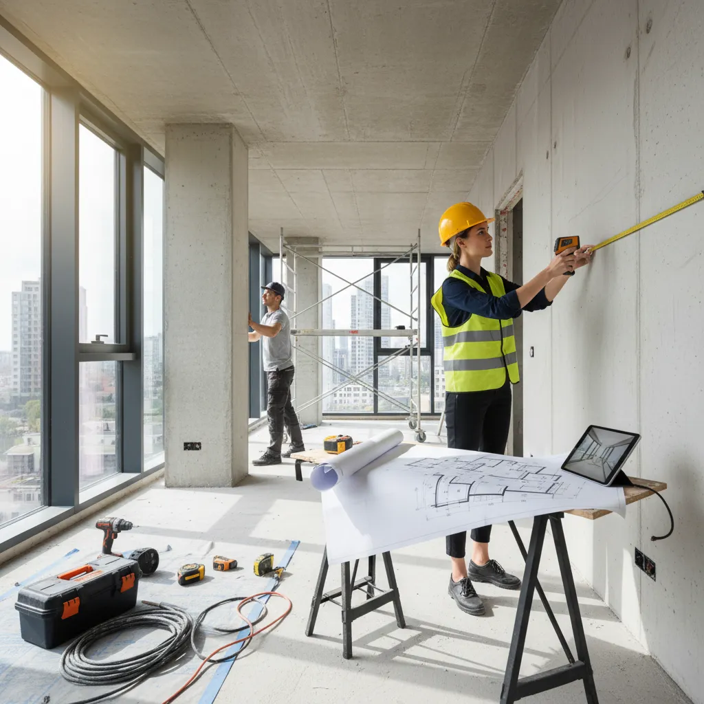 Diseñador revisando planos de reforma interior en una vivienda