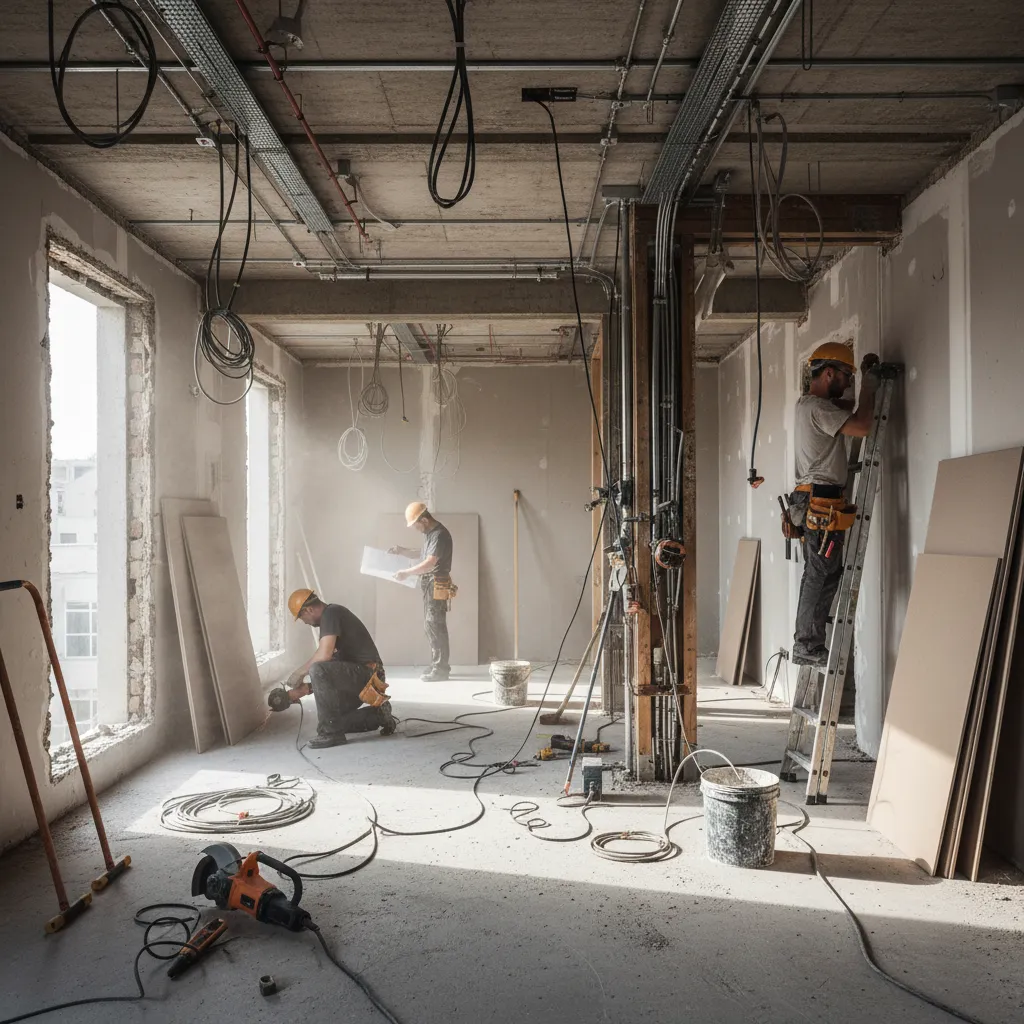 Obra de reforma interior mostrando instalaciones expuestas y estructura