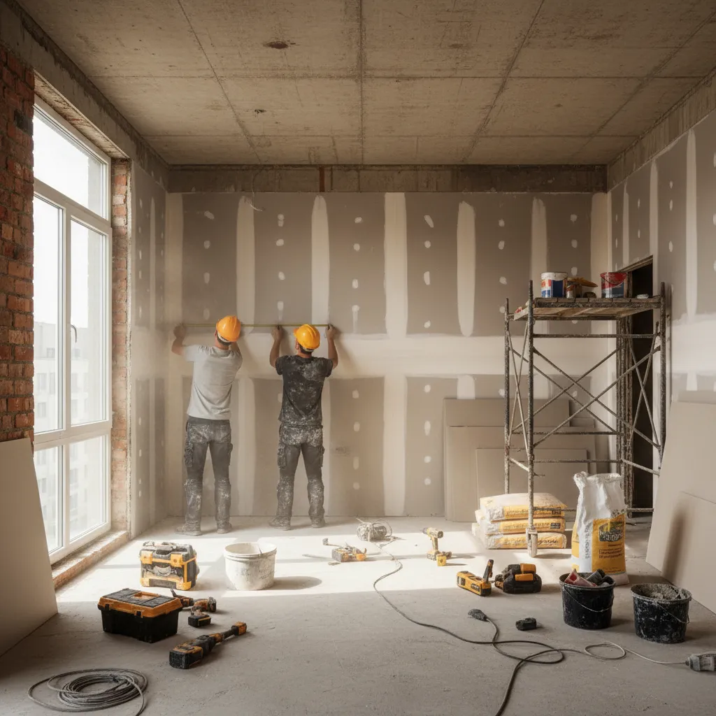Two workers wearing hard hats measuring a wall panel inside a room under construction tools