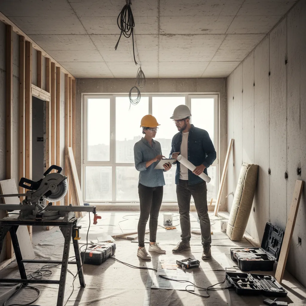 Reforma interior de vivienda con diseñadora revisando la obra en un salón