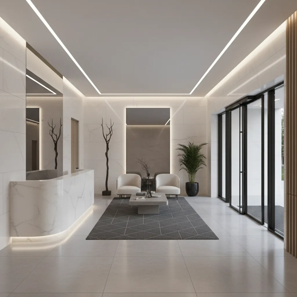 Portal reformado de edificio residencial con diseño moderno y limpio