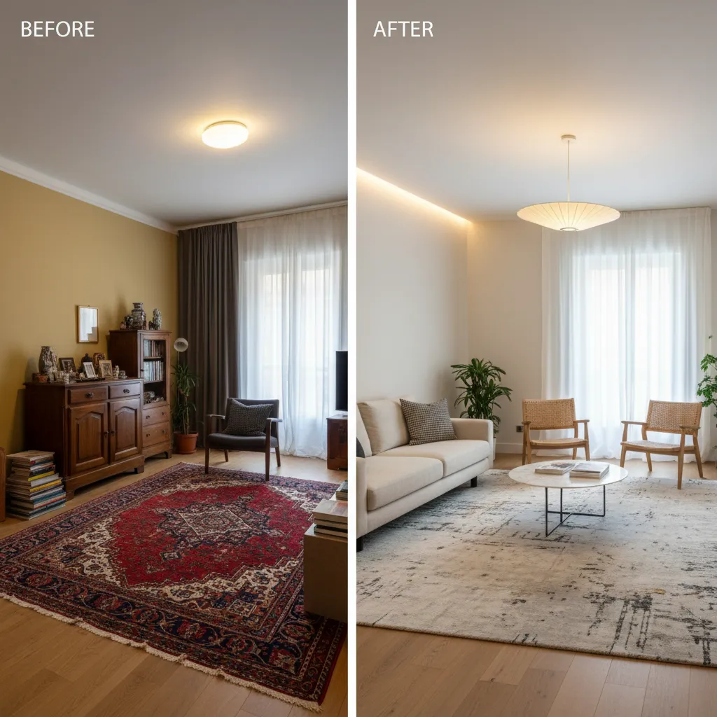 Comparación visual de salón antes y después de una reforma