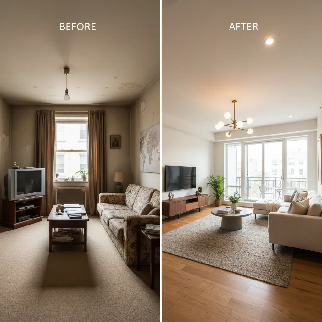 comparación antes y después de reforma de salón