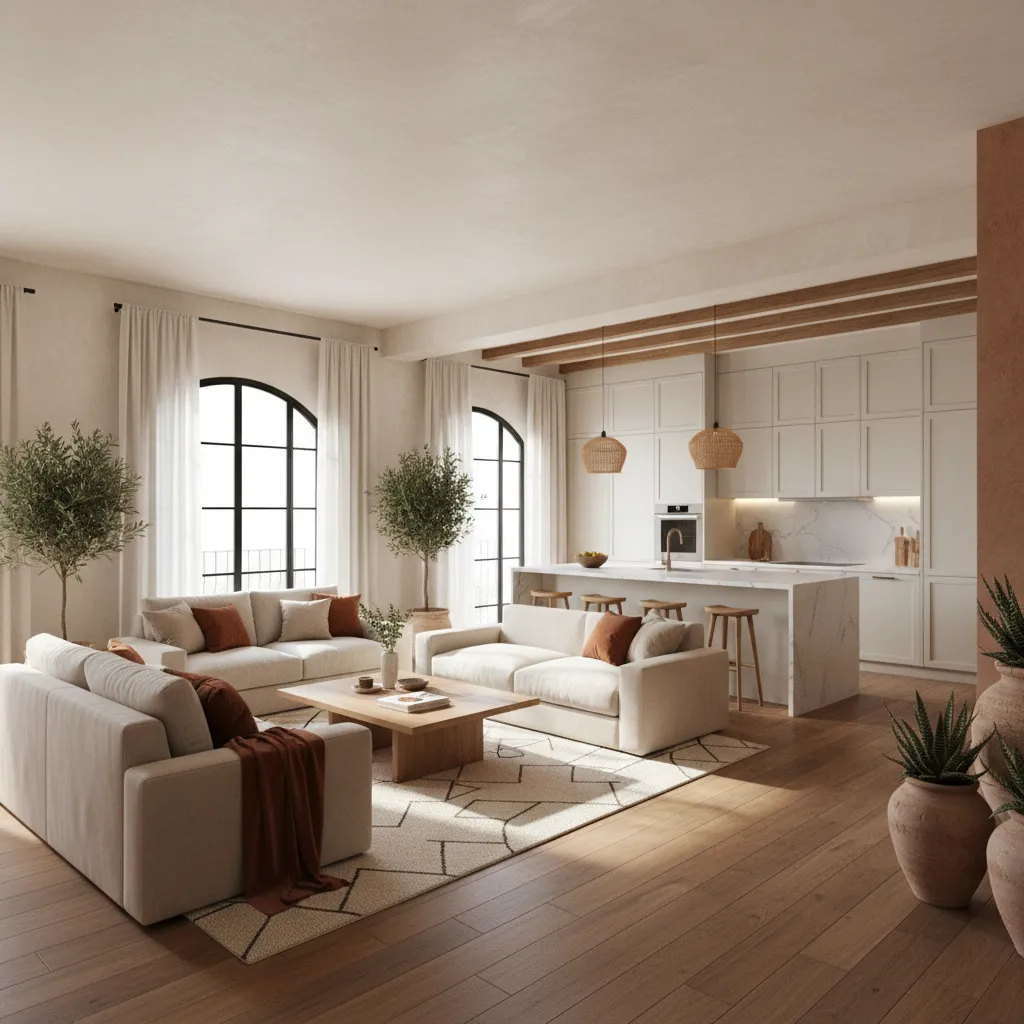 Salón y cocina integrados después de una reforma de distribución