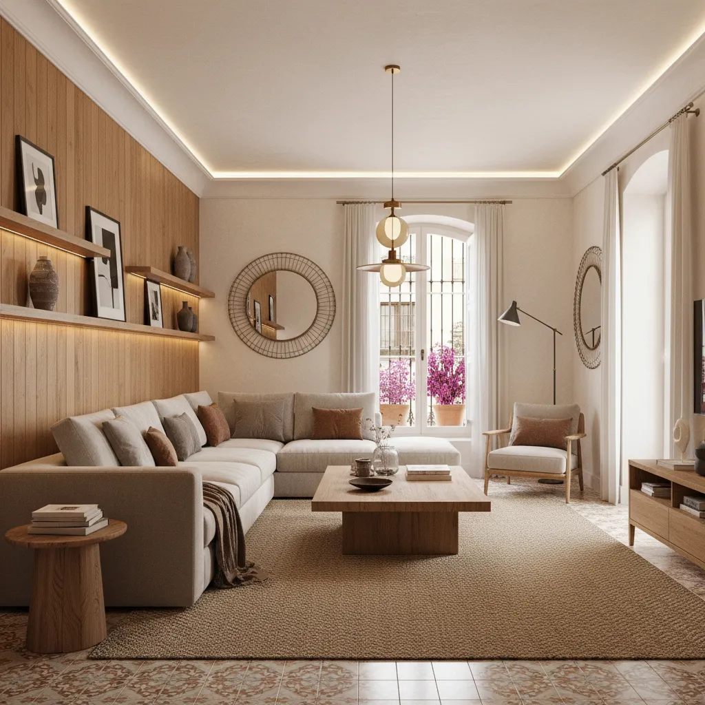 Interior design drawing of a living room with sofa, wood wall panel, and ceiling light
