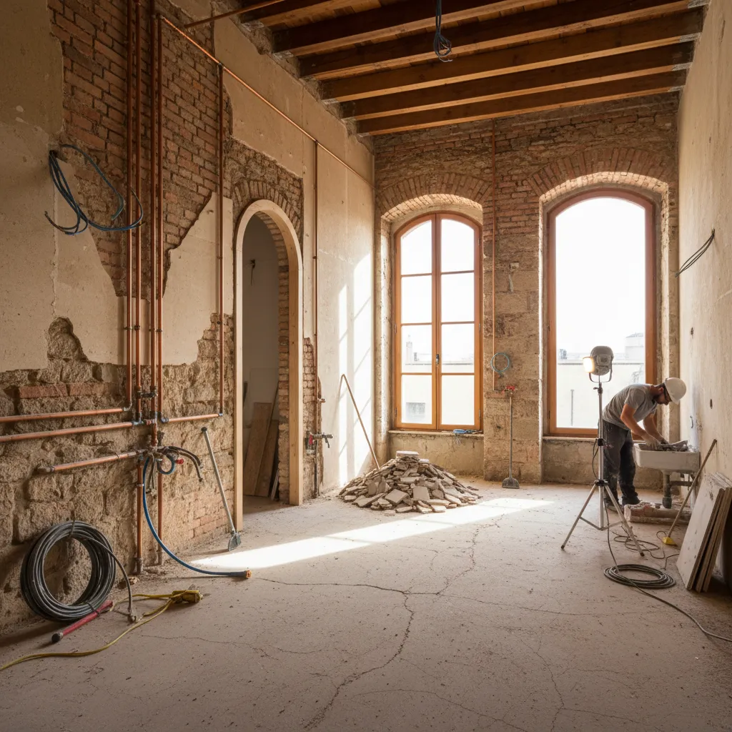 Worker in hard hat renovating a room with exposed brick walls and wooden ceiling beams