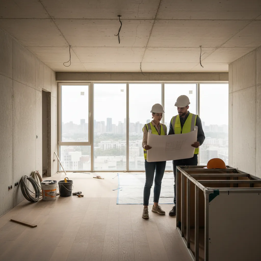 Reforma de vivienda con diseñador revisando el progreso de obra