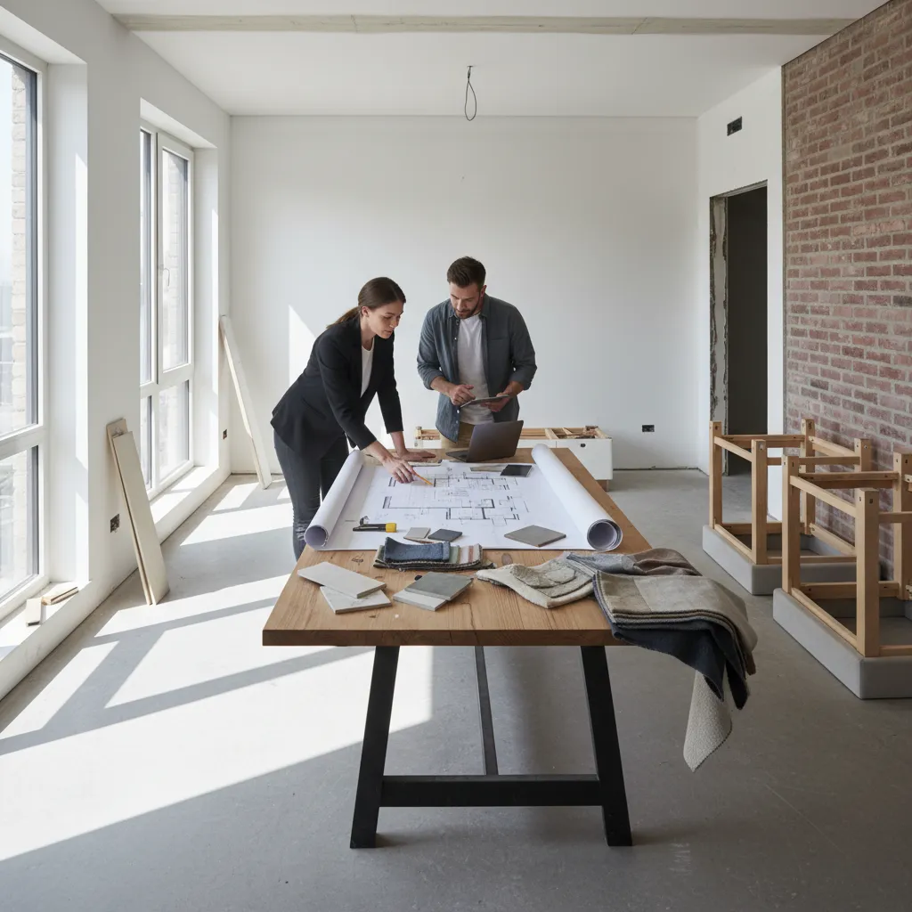 Proceso de reforma de un salón con planos y materiales de interiorismo