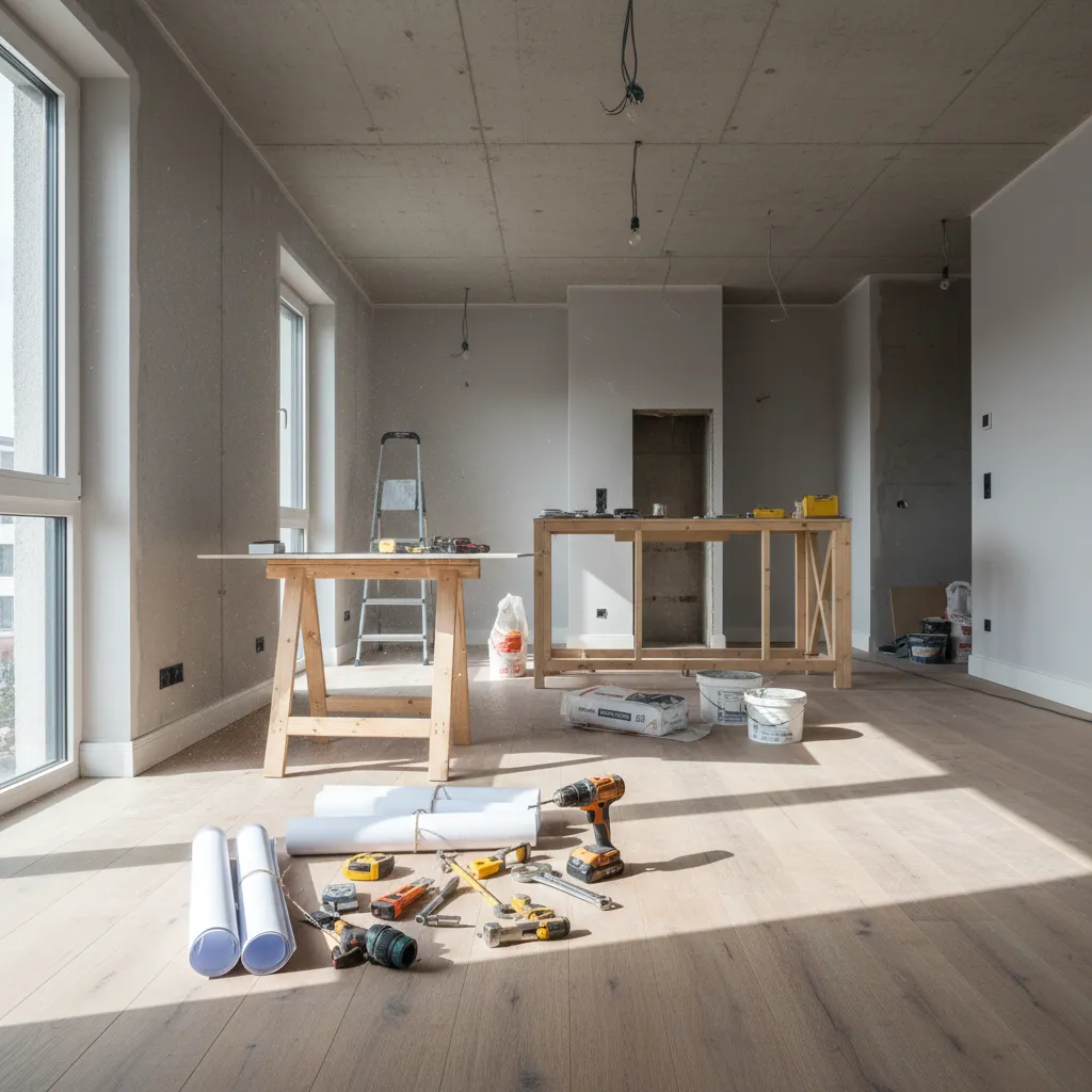 Interior room under renovation with wooden floor tools white paper rolls ladder and window light