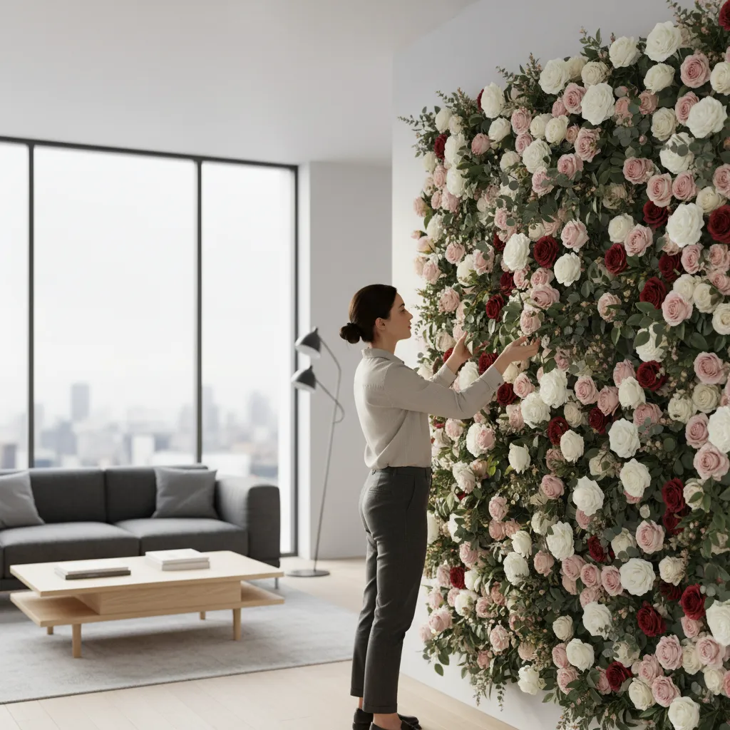 Rearranging artificial flower wall panels to refresh design