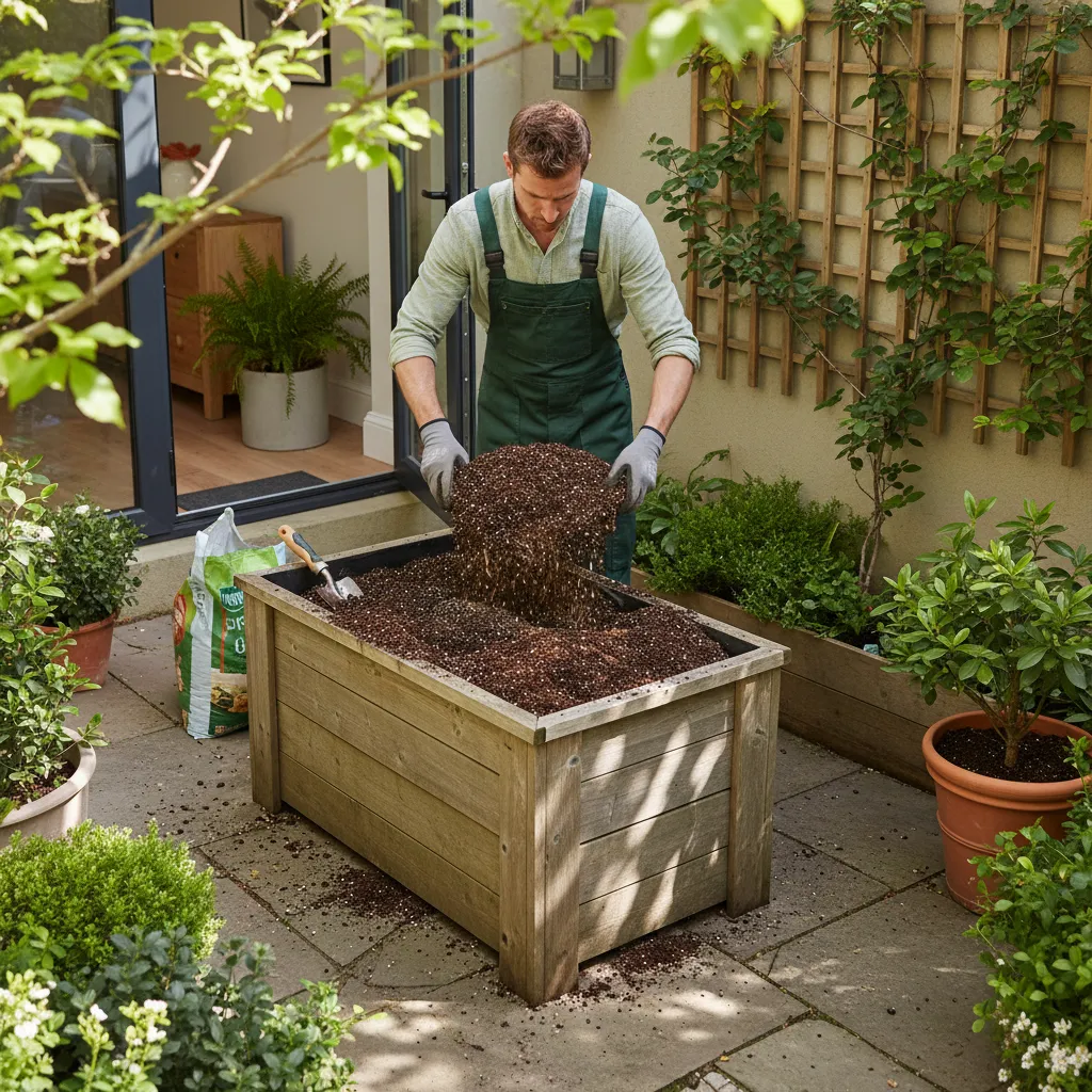 Gardener refreshing potting soil in outdoor container with compost and perlite