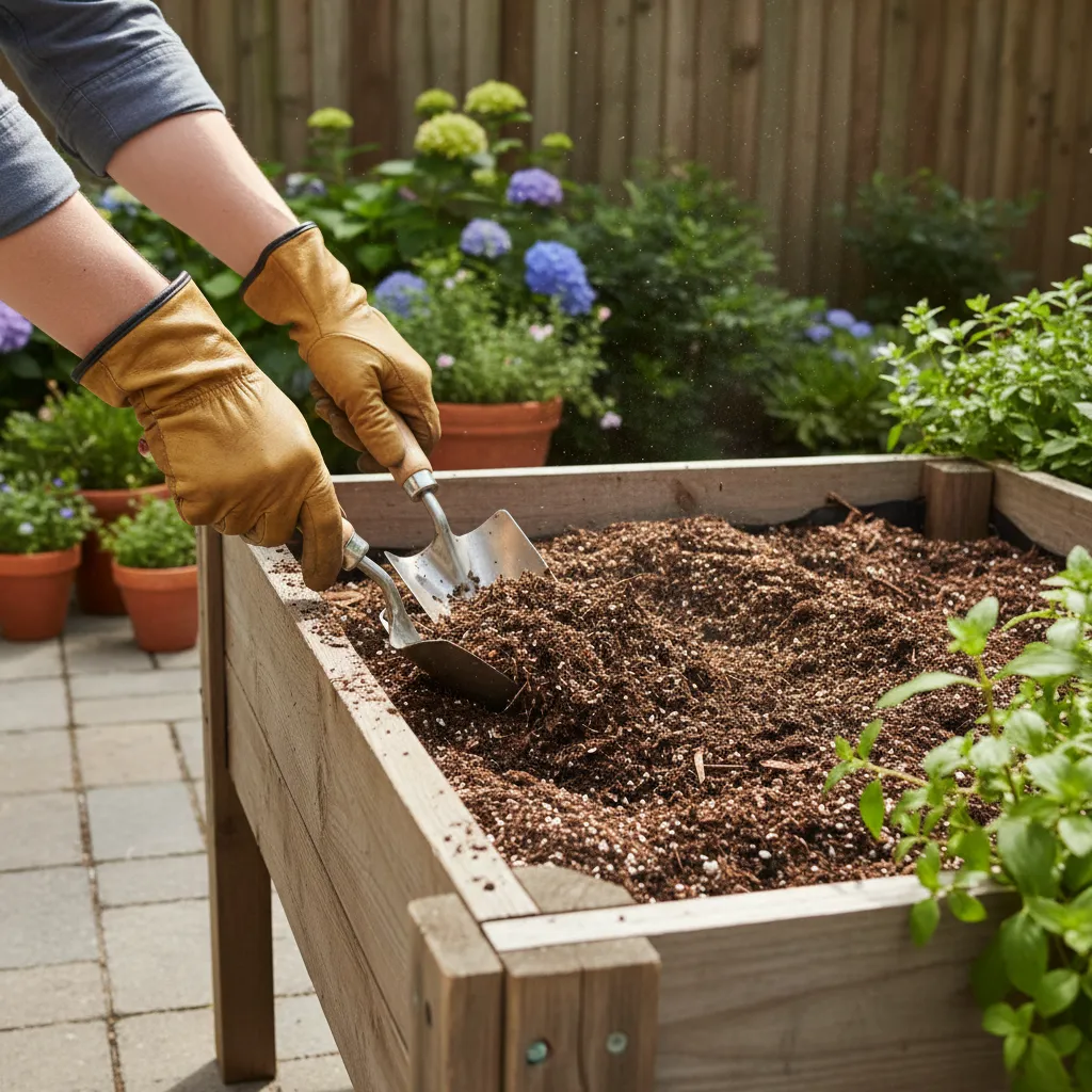 Gardener mixing compost into reused potting soil in a container