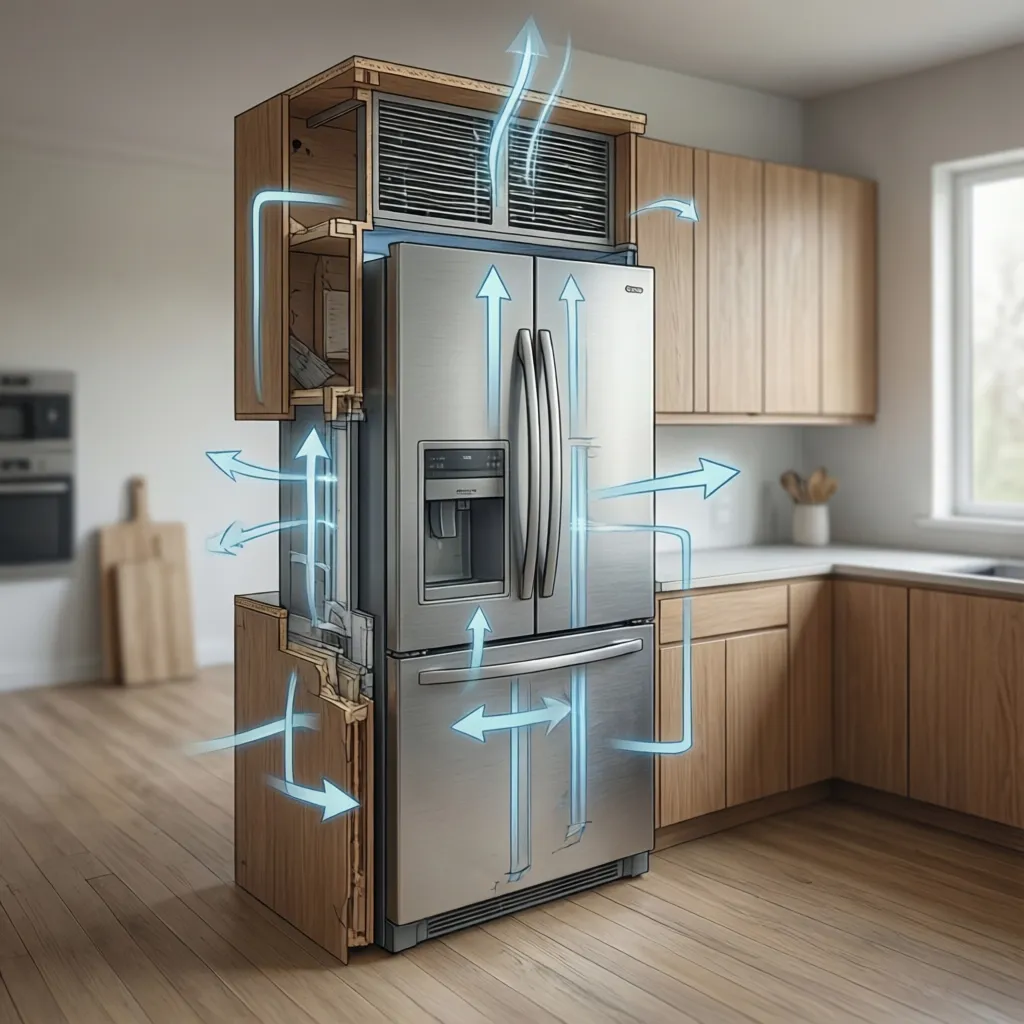 Diagram showing ventilation gaps around a built-in refrigerator cabinet